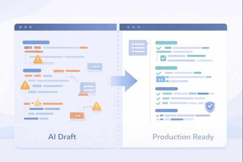 [simple steps to refine AI-generated code]: Progression from AI-drafted content to production-ready application, showcasing iterative refinement.