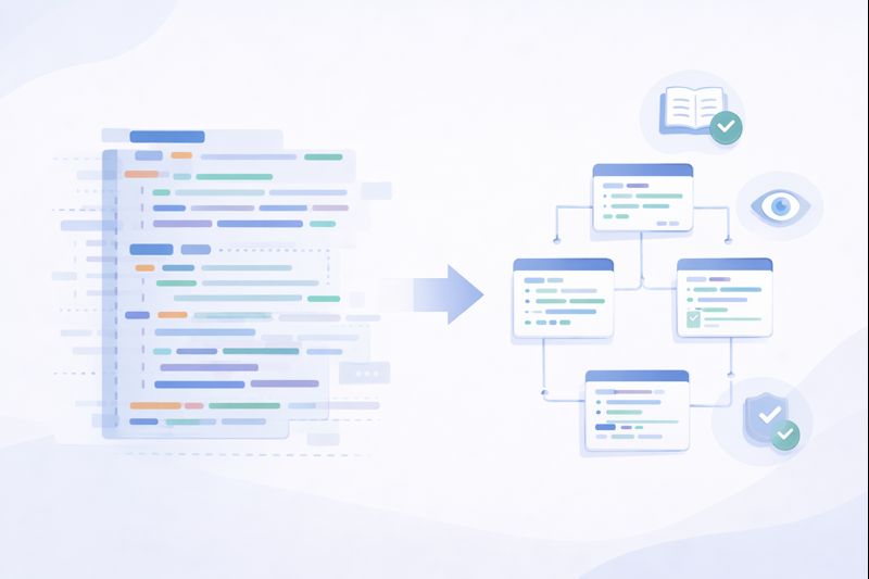 [simple steps to refine AI-generated code]: Illustration depicting the transformation of AI-generated code into a modular, interconnected application architecture.