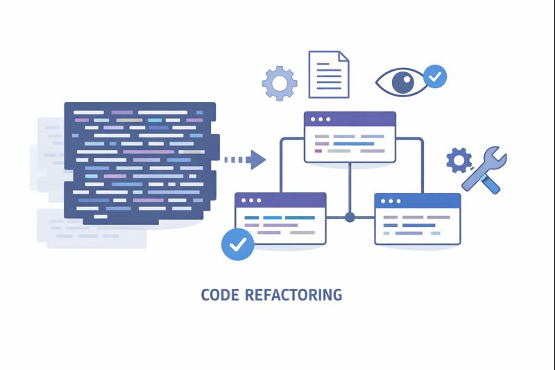 [simple steps to refine AI-generated code]: Conceptual diagram depicting the process of code refactoring, from initial code to a modular, optimized structure.