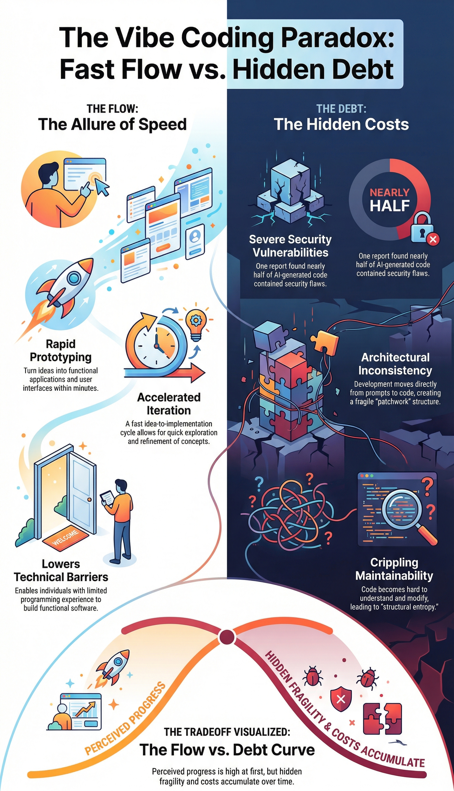 An Infographic the Vibe Coding Paradox, which contrasts the allure of speed