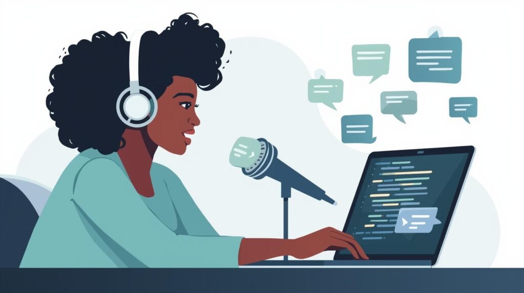 A minimalist illustration of a woman sitting at a white desk with a laptop, featuring a voice command icon in a speech bubble.