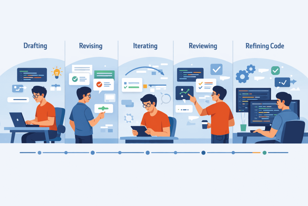 Five-panel illustration showing a developer progressing through drafting, revising, iterating, reviewing, and refining code.