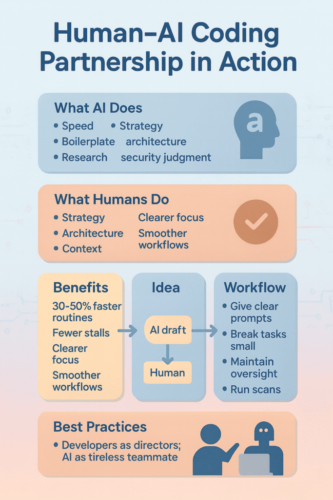Educational chart explaining AI-assisted development, highlighting that AI handles speed and boilerplate code while humans provide strategy and context, resulting in 30-50% faster routines."