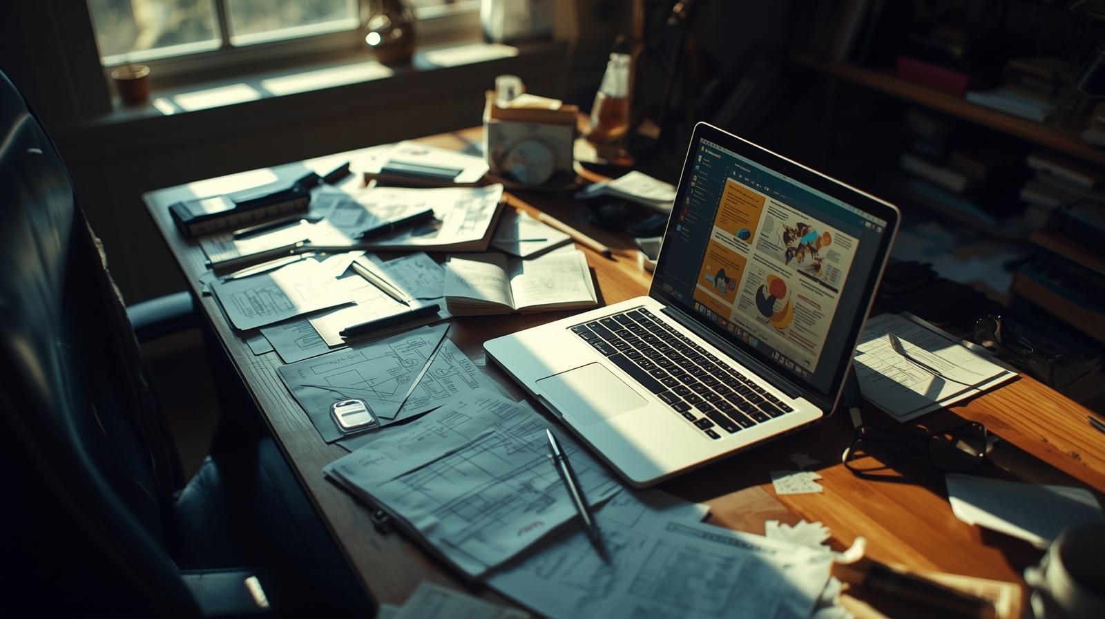 Creative workspace with laptop showing what makes a good natural language instruction among documents and tools