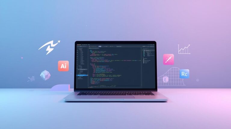 A laptop open to a code editor, surrounded by floating 3D icons for AI, React, and lightning-fast performance.