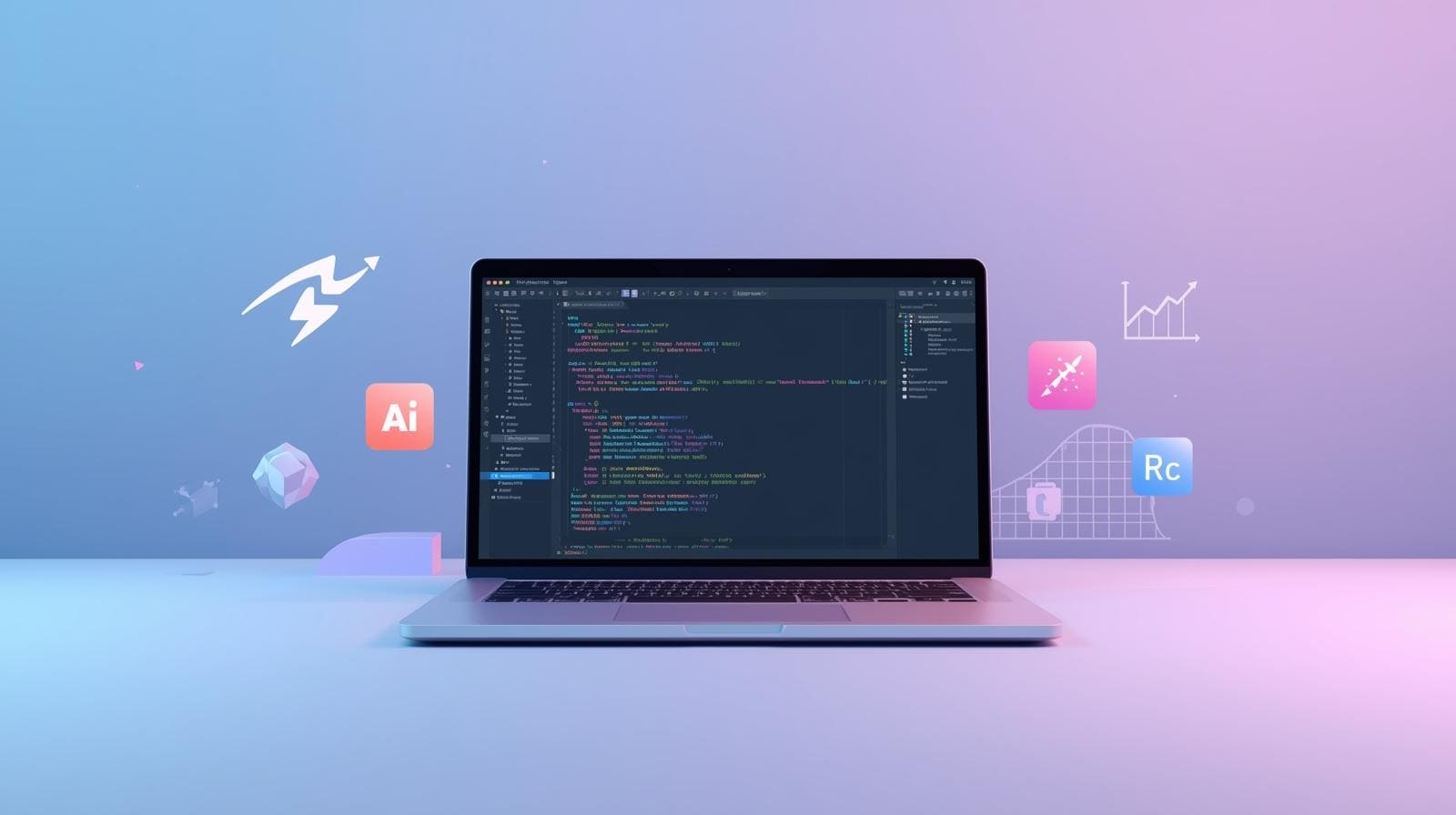 A laptop open to a code editor, surrounded by floating 3D icons for AI, React, and lightning-fast performance.