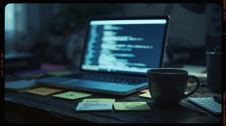 Laptop displaying code with coffee and sticky notes illustrating Challenges and Common Pitfalls in development