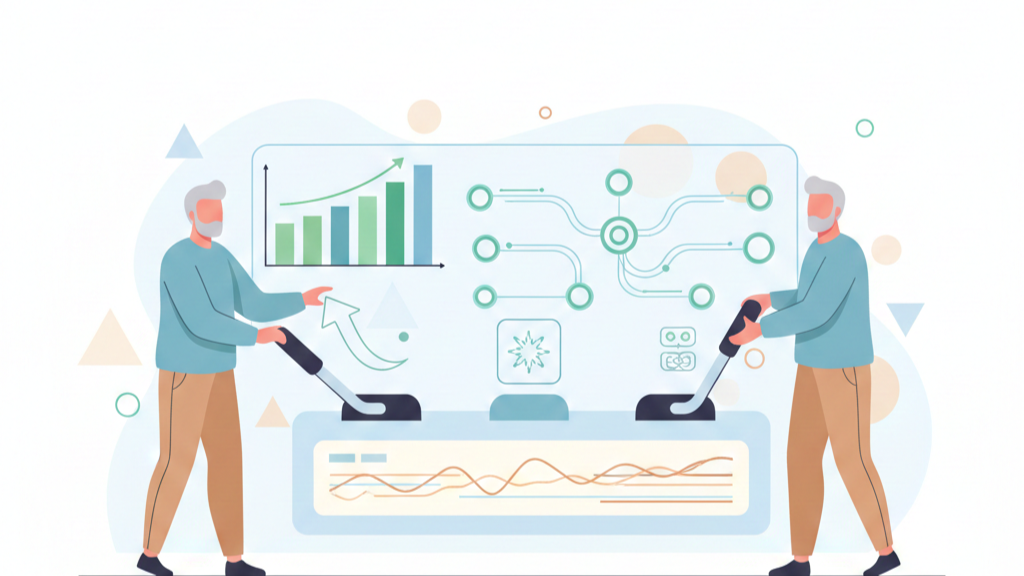 A confident senior developer standing near a system dashboard, adjusting large levers.