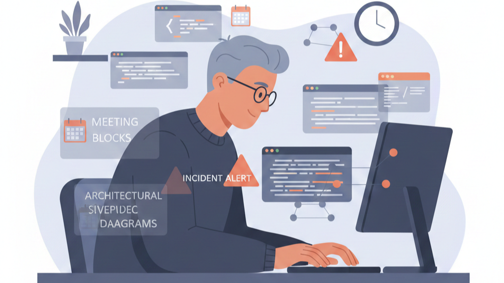 A senior developer seated at a desk surrounded by overlapping code windows