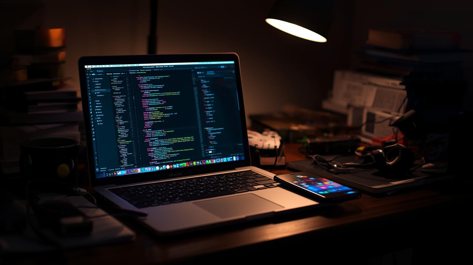 Laptop displaying code editor at night illustrating Vibe Coding vs. Traditional Development programming workflow comparison