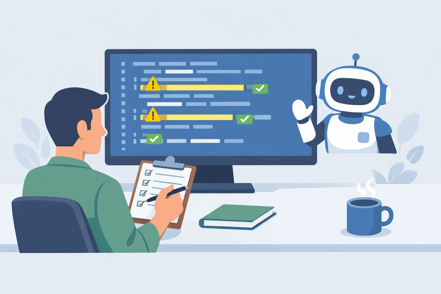 A developer sitting at a desk, looking at a computer screen displaying code with multiple warning and error icons.