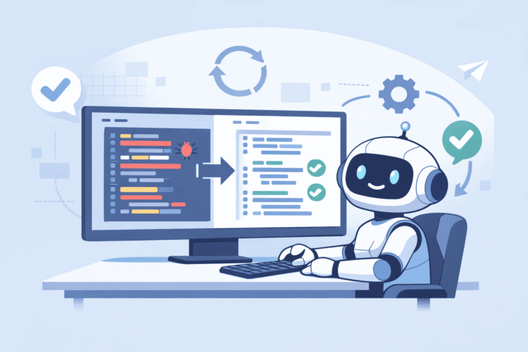 Illustration of a robot at a control desk surrounded by a continuous loop of error detection, analysis, fixing, and retesting steps.