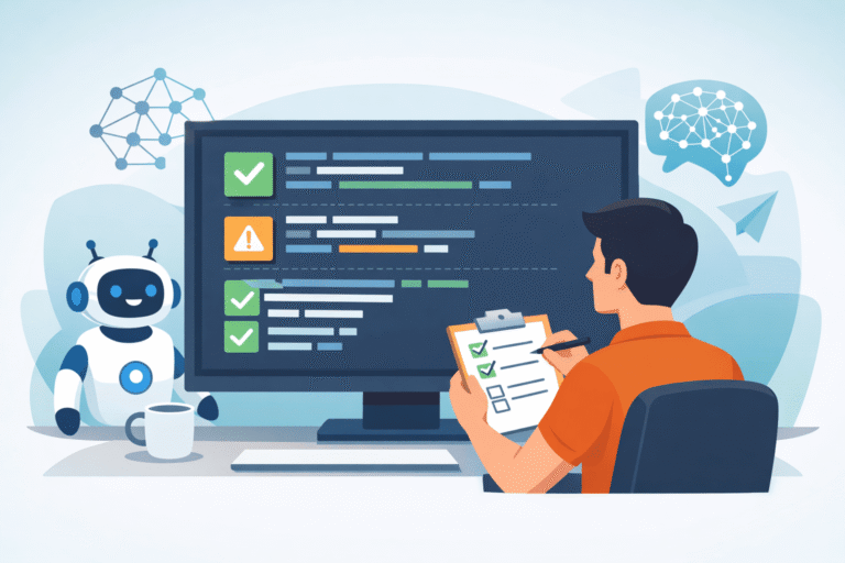 A man sits at a computer with a clipboard, reviewing code on a screen alongside a friendly small robot.