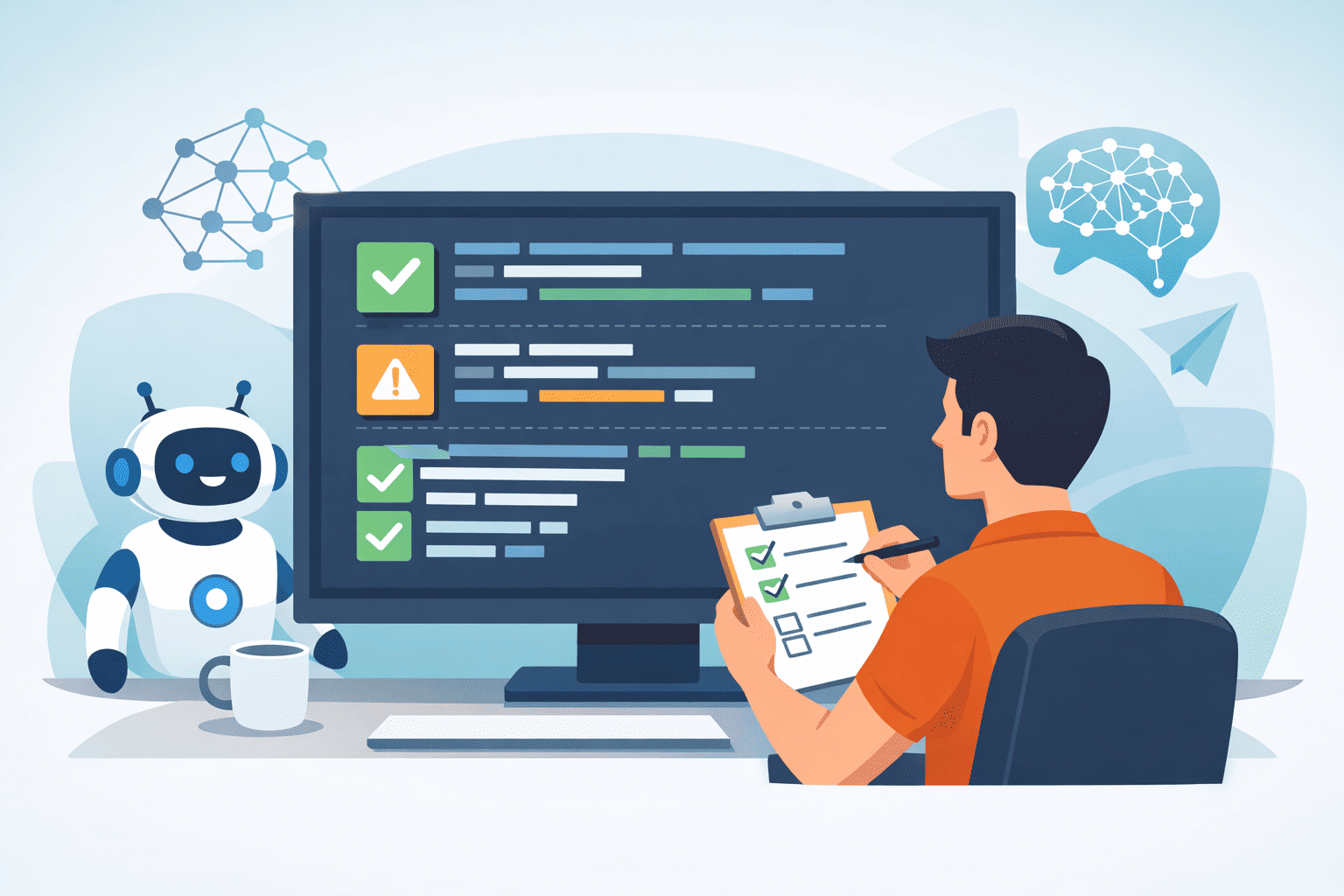 A man sits at a computer with a clipboard, reviewing code on a screen alongside a friendly small robot.