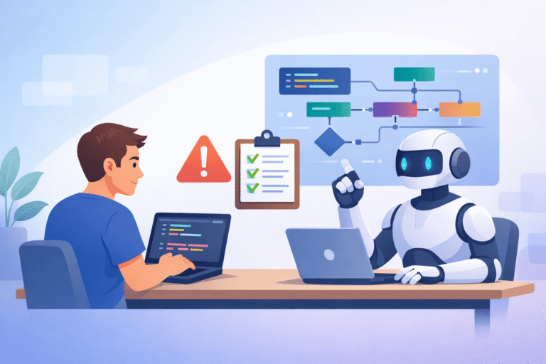 A human developer and a robot sitting at a desk together, reviewing a technical flowchart and a checklist.