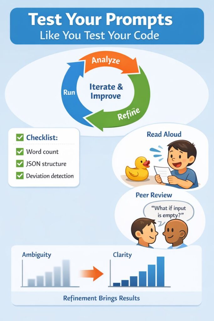 Infographic highlighting a process for testing and refining software development prompts to enhance clarity and avoid ambiguity.