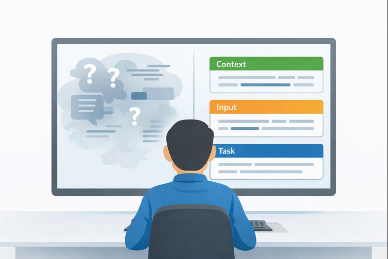 A person reviewing a software development prompt template to avoid ambiguity in their instructions.