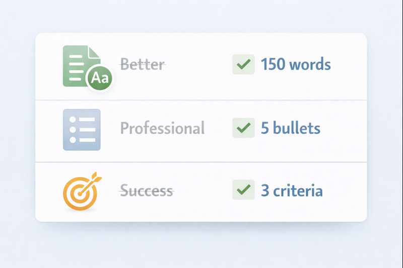 Visual guide outlining best practices for crafting clear, unambiguous software development prompts with defined length, structure, and criteria.