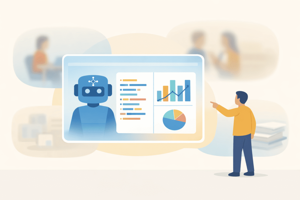 A person pointing at a large digital screen displaying an AI avatar alongside data charts, graphs, and lines of code.