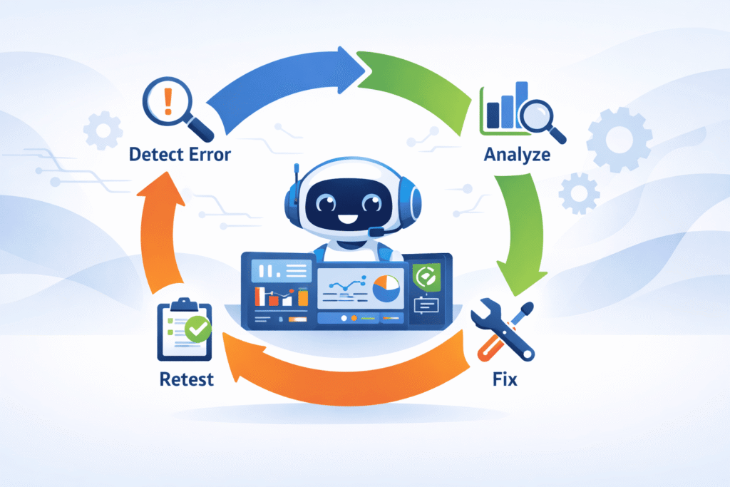 A blue and white robot sitting at a desk using a computer to fix code, with a "before and after" code comparison on the monitor.