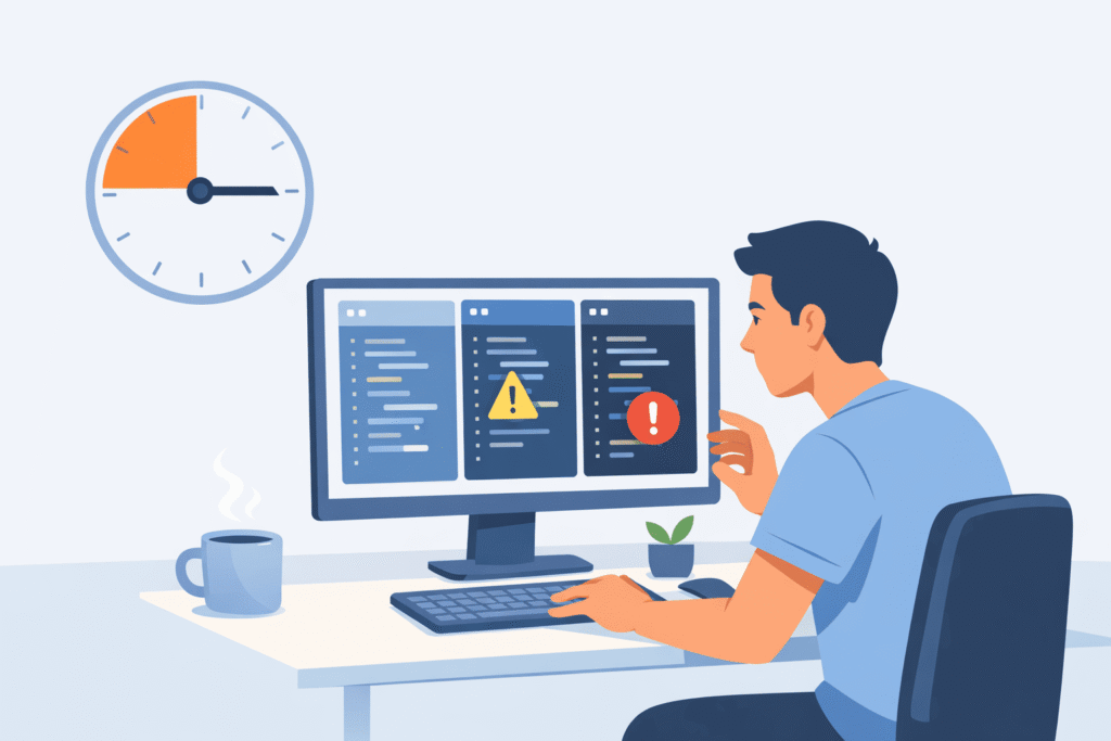 A developer using a physical clipboard to check off tasks while an AI robot points at successful code on a monitor.