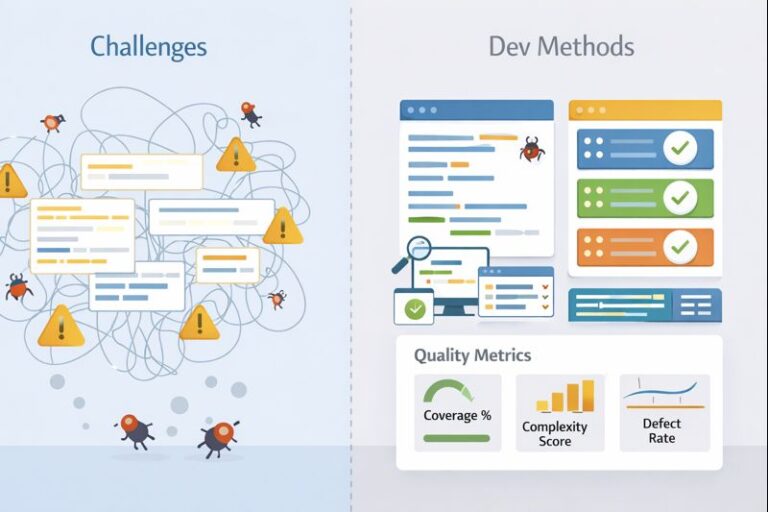 [how does code quality compare between methods] Visual comparison of development challenges and quality metrics across methods.