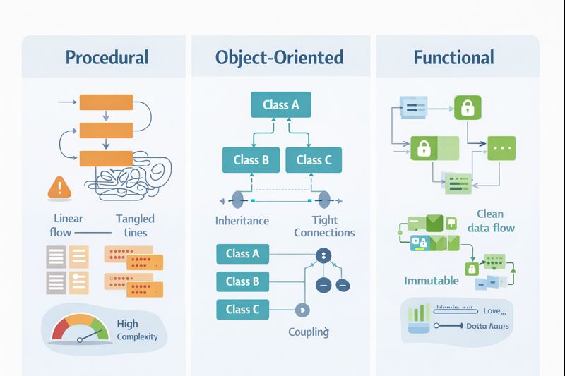 [how does code quality compare between methods] Visual representation of software design approaches and their impact on code complexity.