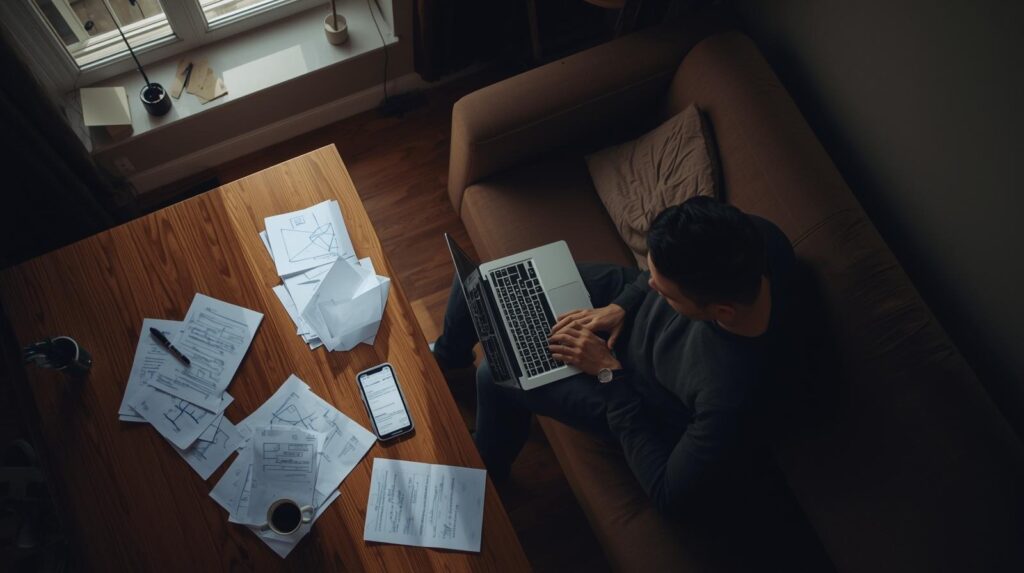 Developer working on laptop with project plans comparing Vibe Coding vs. Traditional Development approaches at home workspace