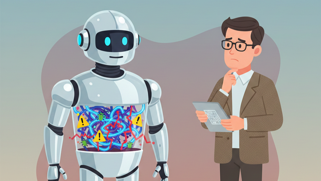 A sleek AI machine or robot appears polished and confident on the surface