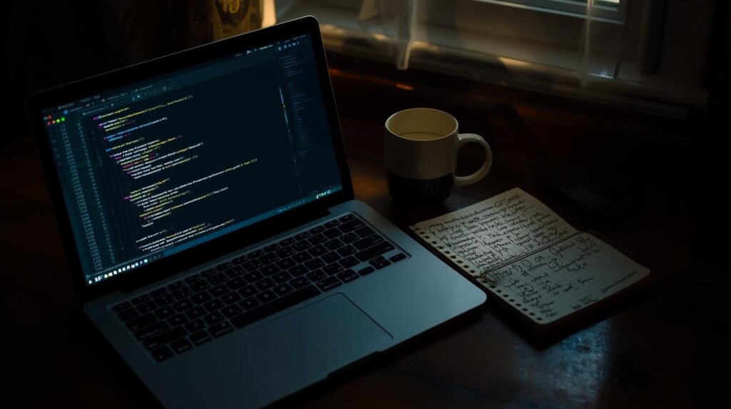 Laptop with code editor and notes showing why some developers prefer traditional coding for complex programming tasks at night
