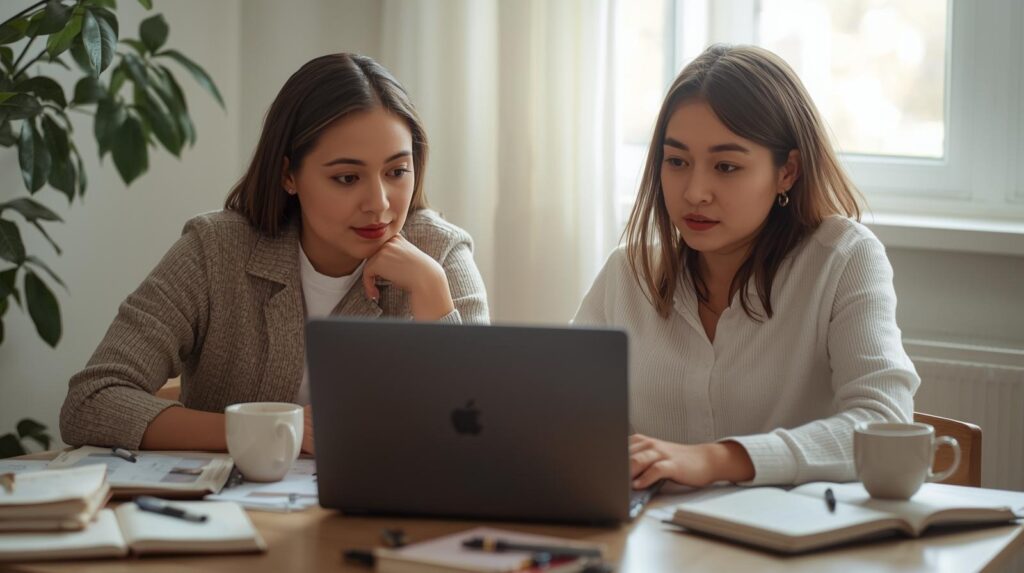 Two professionals collaborating on laptop discussing Vibe Coding vs. Traditional Development methods in bright office setting