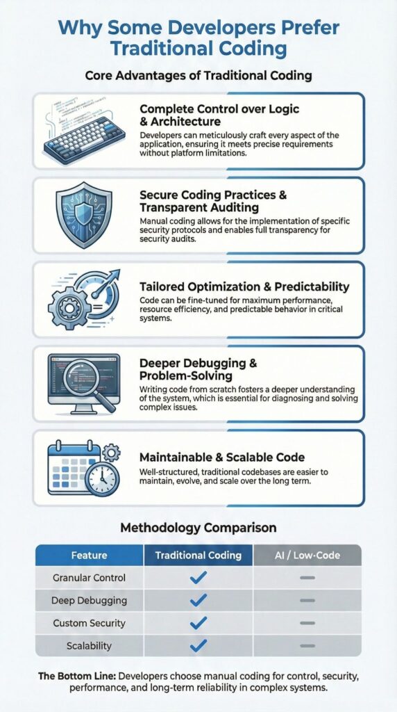 Infographic explaining why some developers prefer traditional coding with control, security, optimization, and debugging benefits