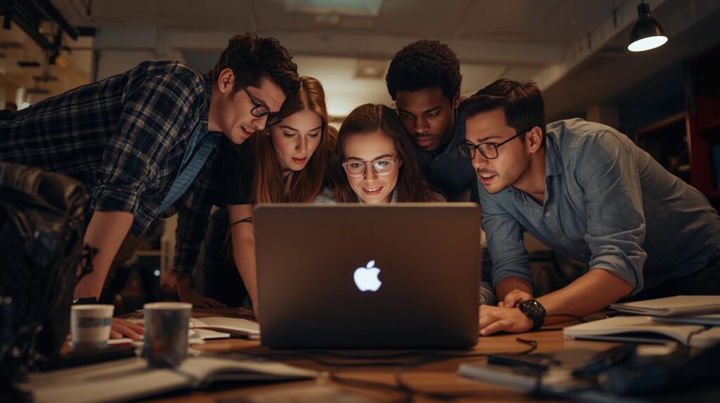Development team collaborating on laptop learning how it changes the core role of a programmer with AI tools
