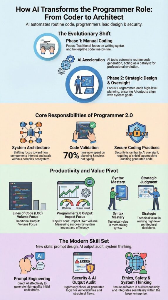 Infographic showing how it changes the core role of a programmer from coder to architect with AI transformation