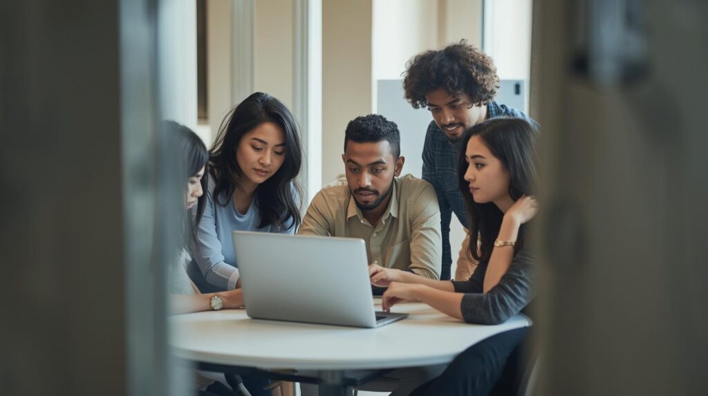 Development team collaborating on laptop discussing why traditional coding skills are still relevant in 2026
