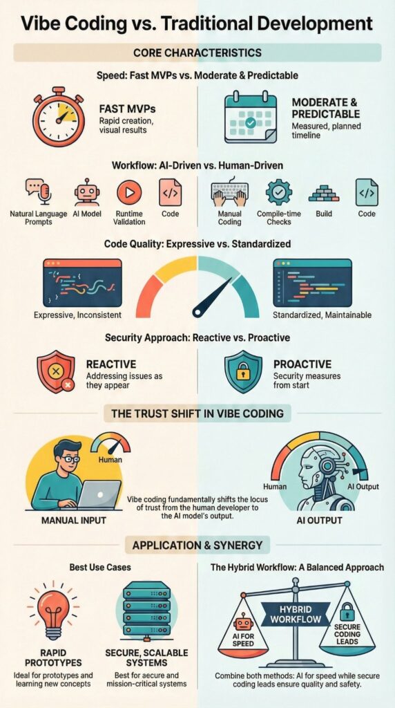 Infographic comparing Vibe Coding vs. Traditional Development showing speed, workflow, code quality, and security differences