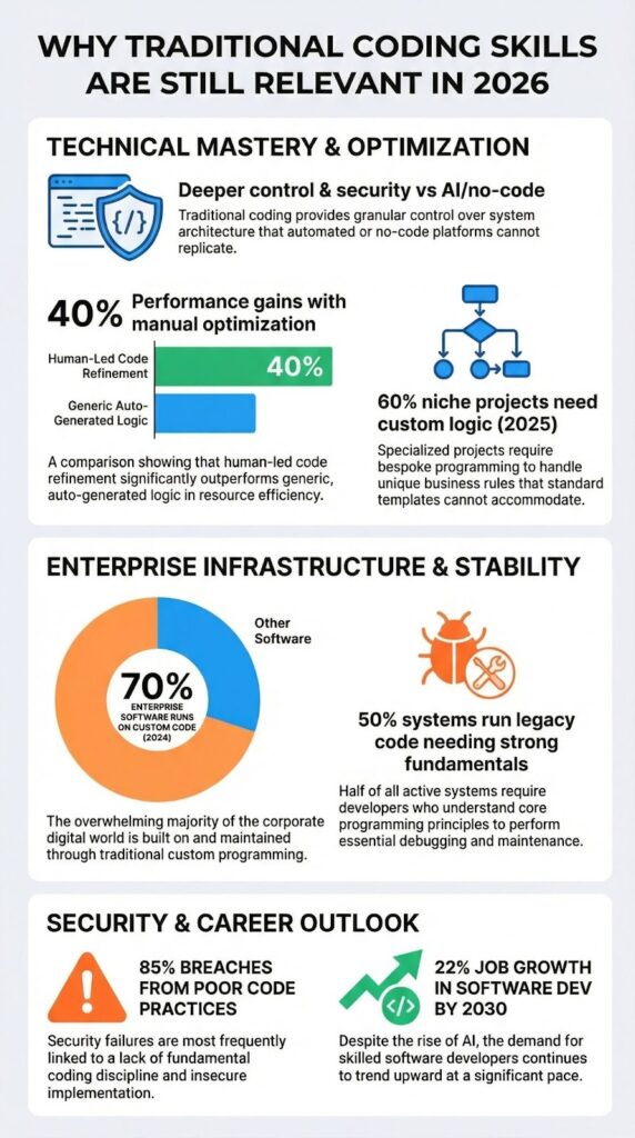 Infographic explaining why traditional coding skills are still relevant with stats on optimization and security