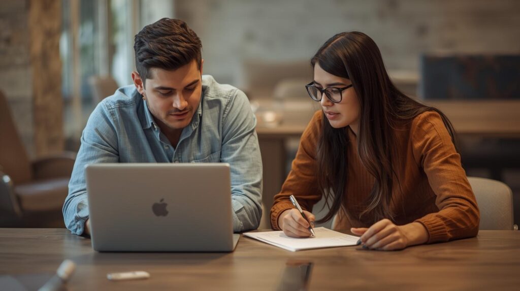 Two developers collaborating on laptop discussing Challenges and Common Pitfalls in AI-assisted coding projects