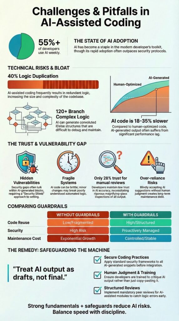 Challenges and Common Pitfalls infographic showing AI coding risks, vulnerabilities, and safeguarding solutions