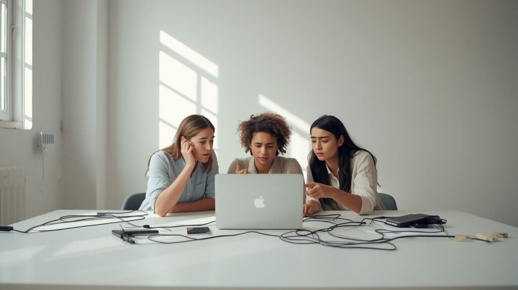 Three concerned developers reviewing laptop to understand what are the main risks of vibe coding in their project
