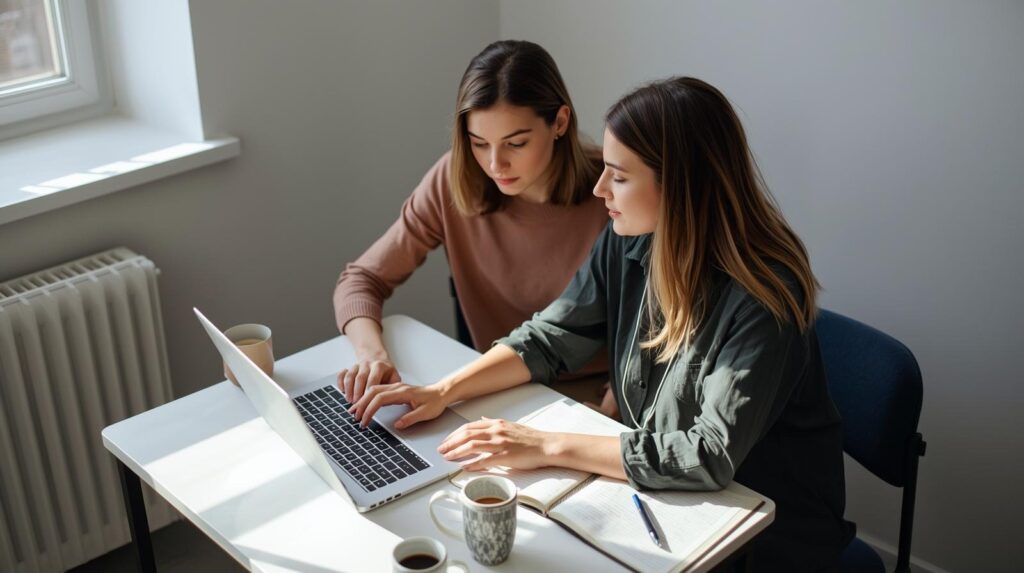 Two developers collaborating on laptop demonstrating how is vibe coding different from pair programming in practice