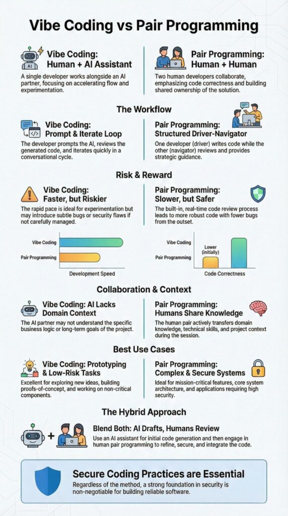 Infographic explaining how is vibe coding different from pair programming with workflow, risk, and collaboration comparisons