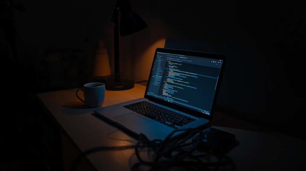 Developer laptop with code editor at night exploring is vibe coding faster than writing code manually in dark workspace