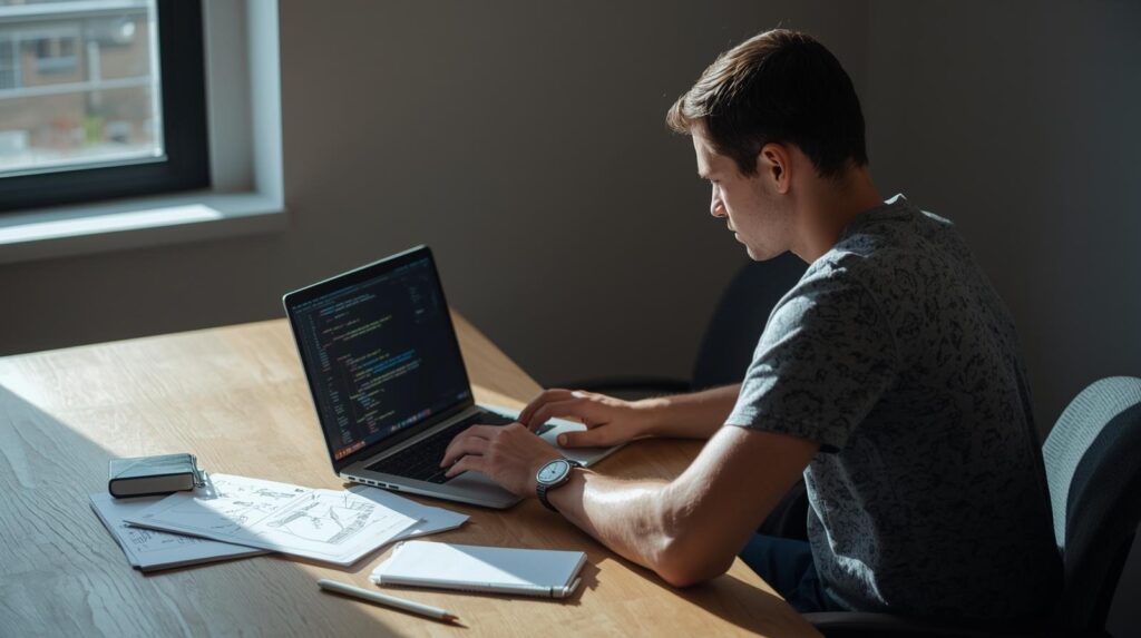 Programmer working on laptop examining is vibe coding faster than writing code manually with notes and sketches on desk