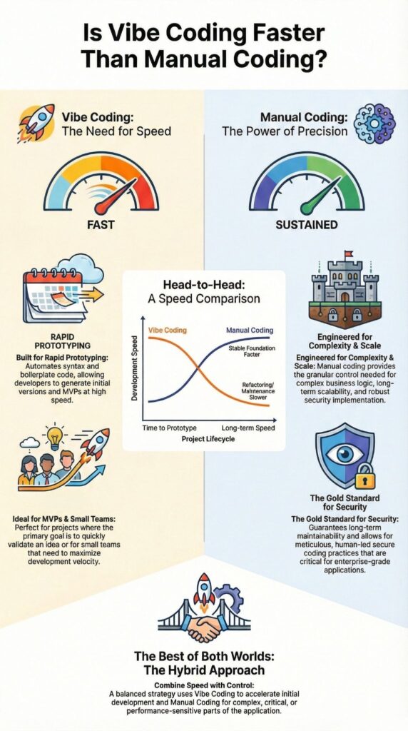 Infographic comparing is vibe coding faster than writing code manually with speed metrics, prototyping, and hybrid approach