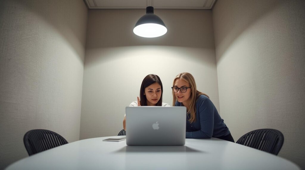 Two developers collaborating on laptop discussing why some developers prefer traditional coding in focused meeting room setting