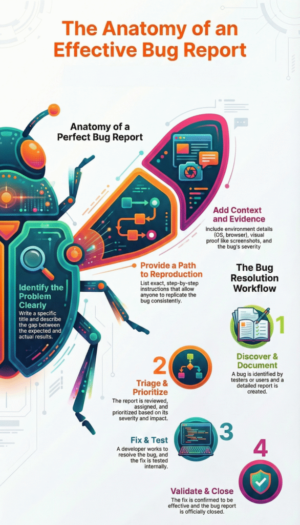 A magnifying glass examining a computer bug, representing the challenge of explaining software issues to an AI assistant.