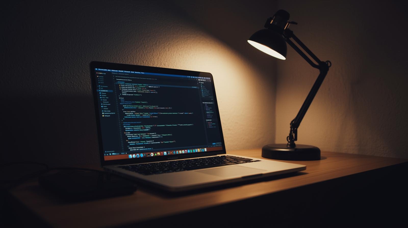 Laptop displaying code under desk lamp demonstrating is vibe coding faster than writing code manually in evening setup