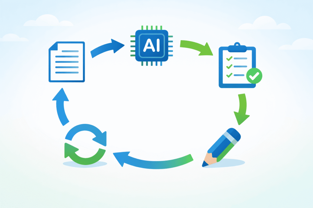 A circular infographic showing a workflow loop: a document enters an AI chip, generates a checklist, leads to a pencil for editing, and repeats.
