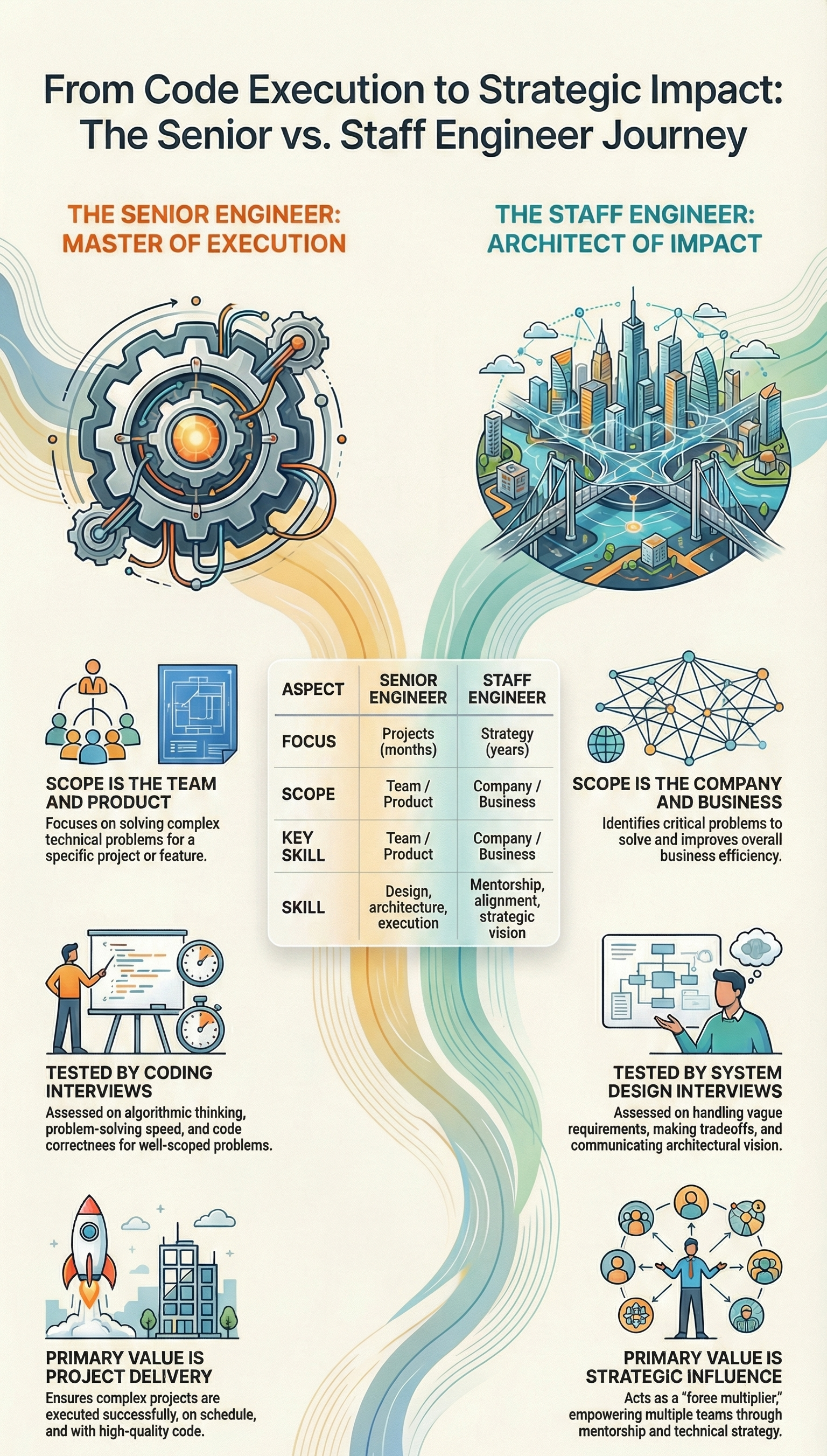 Contrasting the roles of senior and staff engineers: Mastering execution vs. driving strategic impact.